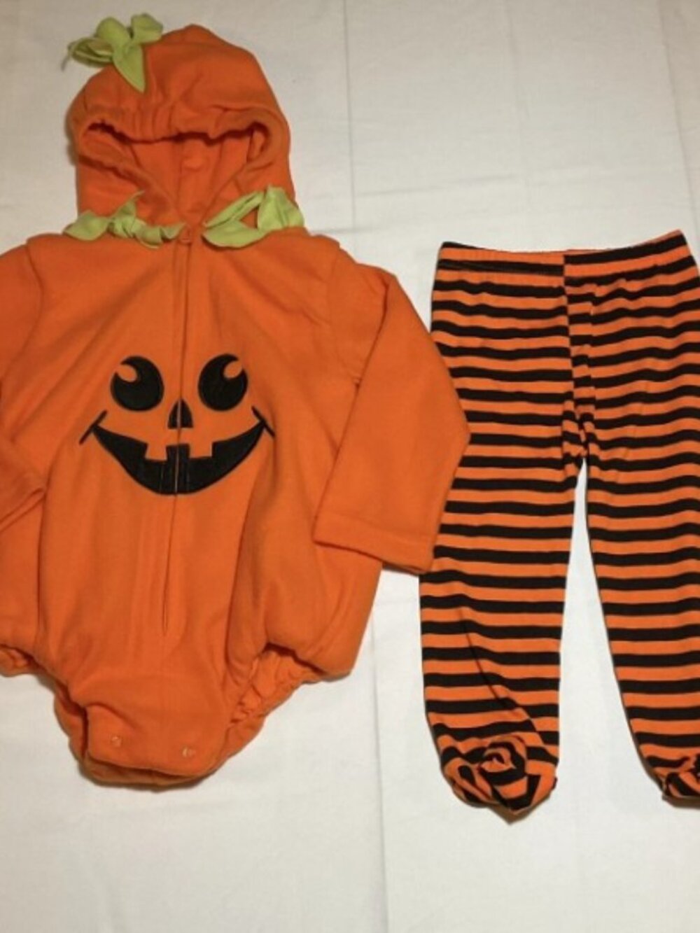 Baby Jack O'Lantern Pumpkin Costume Hood Leaf Accents Long Sleeve Striped Pants